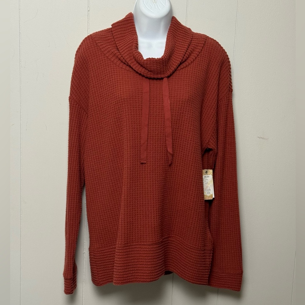 NWT North River Women’s Cowl Neck Rust Waffle Knit Cotton Blend Sweater Size L